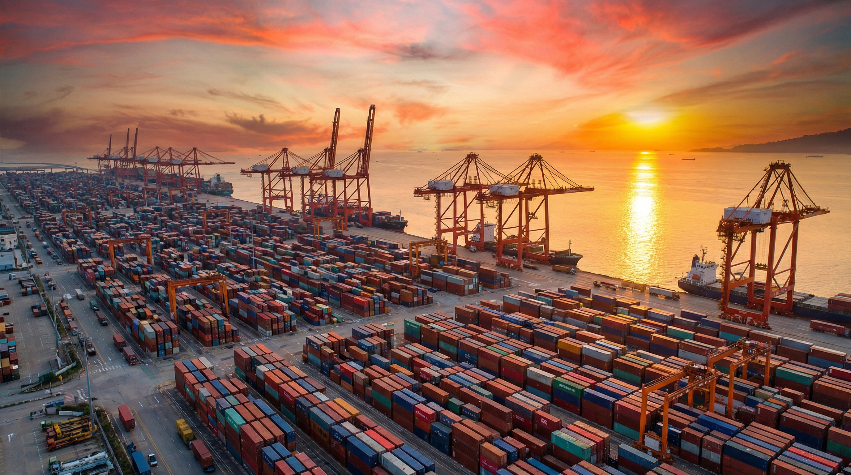 Cargo container port at sunset — Silk Road logistics